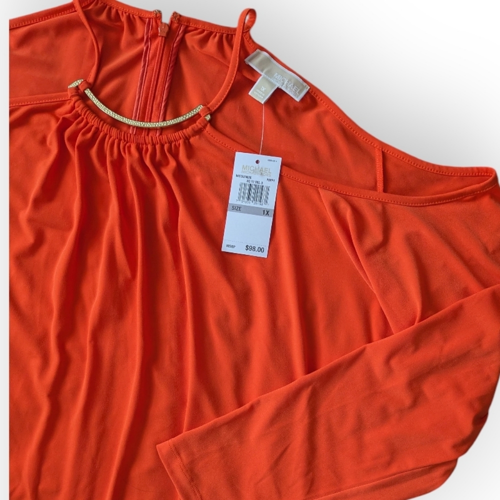 MICHAEL Michael Kors Poppy Orange Gold Tone Halter Cold Shoulder Blouse 1X NWT - Picture 6 of 16
